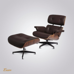 Brown Eames Lounge Chair and Ottoman with Rosewood Frame and Black Base