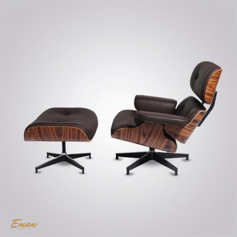 Brown Eames Lounge Chair and Ottoman with Rosewood Frame and Black Base