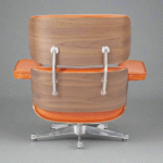 Back view of Charles Eames Lounge Chair in Camel Brown Leather with Walnut Veneer