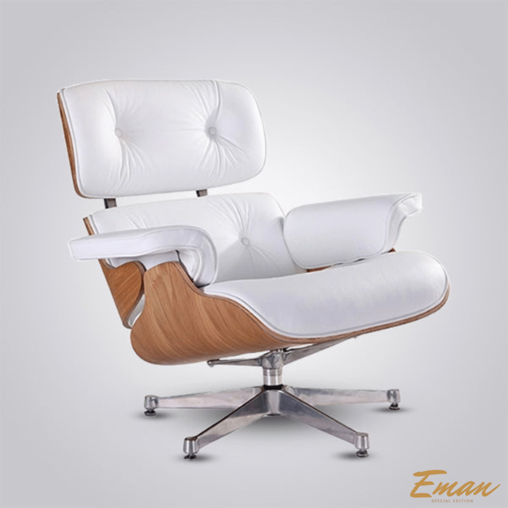 Eames Lounge Chair with a 5-star swivel base and ash wood frame