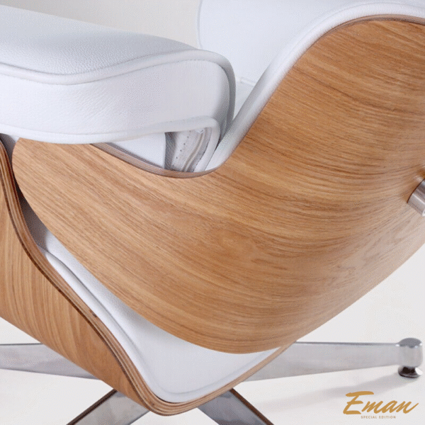 Eames Lounge Chair & Ottoman set in white leather and ash wood for comfort"