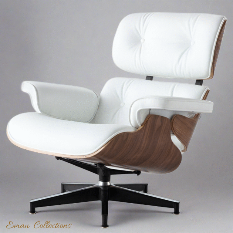 White Leather Charles and Ray Eames Lounge Chair and Ottoman with Rosewood Shell and Black Base