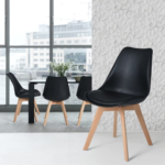Front view of Modern Tulip Dining Chair in obsidian black with beech wood legs
