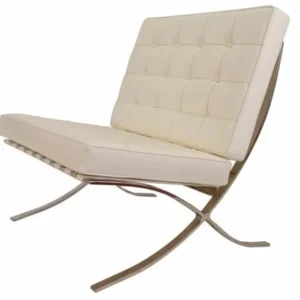 Side view of the cream Barcelona chair showing the crossed 12 mm steel frame