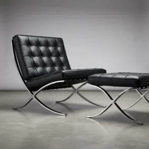 Premium Barcelona chair in black Italian leather with mirror chrome frame with matching footrest