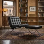 Side view of the black Barcelona chair showing the crossed 12 mm steel frame