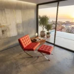 Premium Barcelona chair in red Italian leather with mirror chrome frame with matching footrest