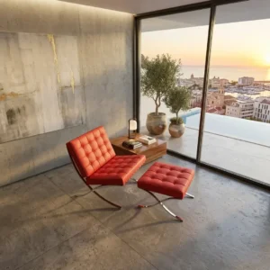 Premium Barcelona chair in red Italian leather with mirror chrome frame with matching footrest