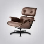 Back view of the walnut veneer shell on the brown leather mid century modern armchair