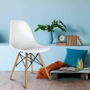 Eames DSW chair in white with moulded shell and beech wooden dowel legs