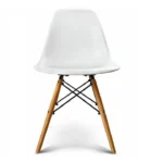 Close-up of beech dowel legs and lacquered steel bracing on the DSW chair