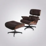 Side view of the brown leather rosewood lounge chair showing the fixed 15 degree recline