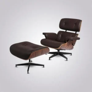 Side view of the brown leather rosewood lounge chair showing the fixed 15 degree recline