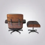 Back view of the figured rosewood veneer shell on the brown leather chair
