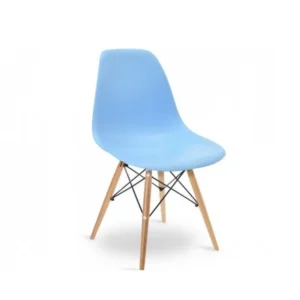 Side view of the blue DSW dining chair showing the moulded shell profile