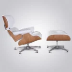 Side view of the white leather ashwood lounge chair showing the fixed 15 degree recline
