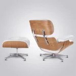 Back view of the blonde ashwood veneer shell on the white leather chair