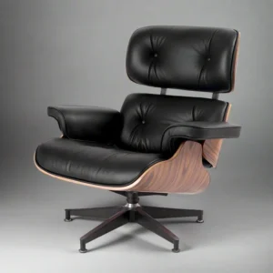 Eames lounge chair replica in rosewood and black leather with black base and matching ottoman
