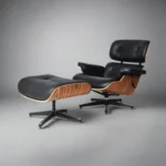 Back view of the figured rosewood veneer shell on the black leather chair