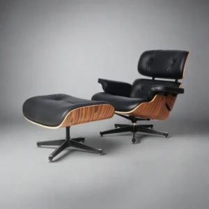 Back view of the figured rosewood veneer shell on the black leather chair