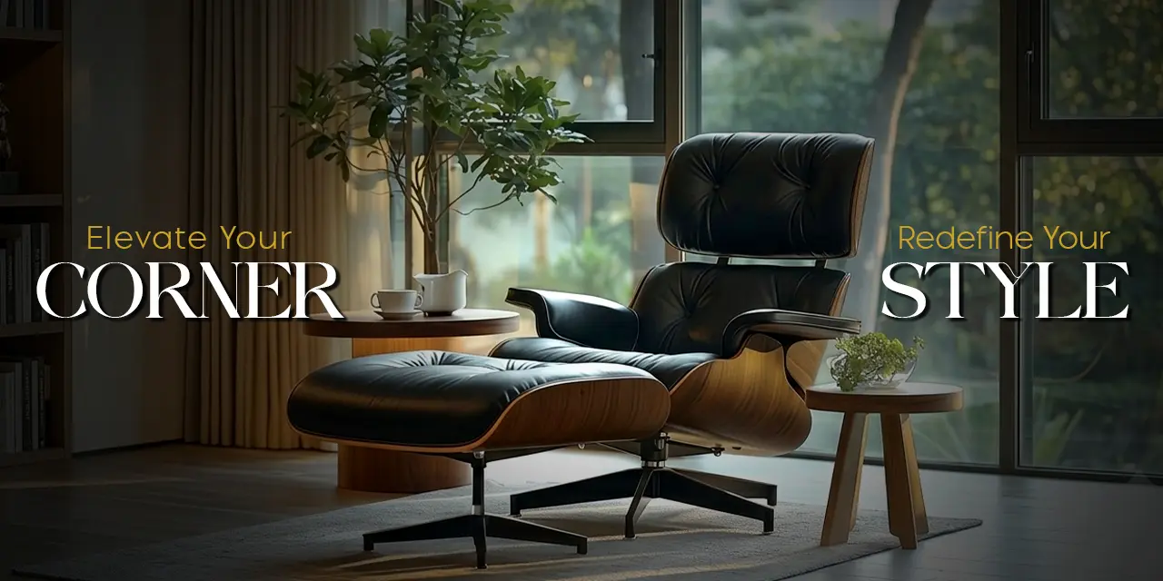 Eames lounge chair replica in walnut and tan leather in a modern living room