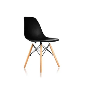 Side view of the black DSW dining chair showing the moulded shell profile Back view of the black moulded DSW side chair on wooden dowel base