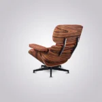 Back view of the figured rosewood veneer shell on the tan leather chair