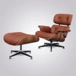 Side view of the tan leather rosewood lounge chair showing the fixed 15 degree recline