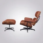 Eames recliner in tan brown leather with figured rosewood shell and matching ottoman