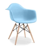 Side view of light blue Eames DAW dining chair showing wood legs