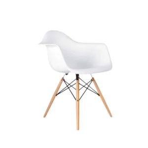 Side view of white Eames DAW dining chair showing wood legs