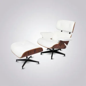 Eames style lounge chair in white leather with figured rosewood shell and matching ottoman