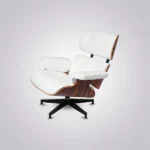 Back view of the figured rosewood veneer shell on the white leather chair