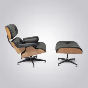 Side view of the black leather ashwood lounge chair showing the fixed 15 degree recline