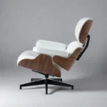 Back view of the walnut veneer shell on the white leather lounge chair