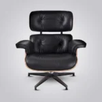 Side view of the black leather walnut armchair showing the fixed 15 degree recline