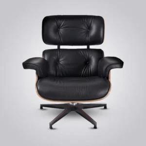 Side view of the black leather walnut armchair showing the fixed 15 degree recline