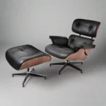 Mid century armchair in black leather with walnut shell, black base and matching ottoman
