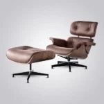 Mid century modern armchair in brown leather with walnut shell and matching ottoman