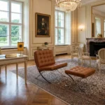 Premium mies barcelona chair in tan brown Italian leather with matching footrest — mirror chrome frame ← FOCUS KW