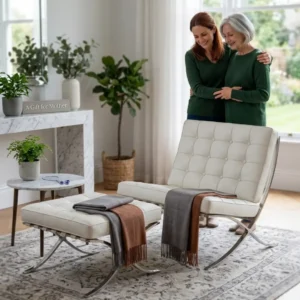 Premium mies van der rohe chair in white Italian leather with matching footrest — mirror chrome frame ← FOCUS KW
