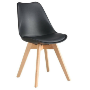 Front view of Modern Tulip Dining Chair in obsidian black with beech wood legs