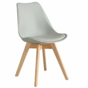 Modern grey tulip dining chair with solid beech wood legs and padded cushion