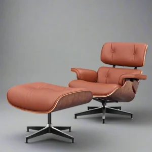Mid century chair in tan brown leather with walnut shell and matching ottoman