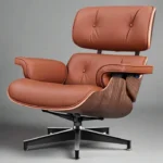 Close-up of the five star swivel base beneath the tan leather mid century chair