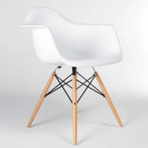 Close-up of white Eames DAW chair seat and armrest detail