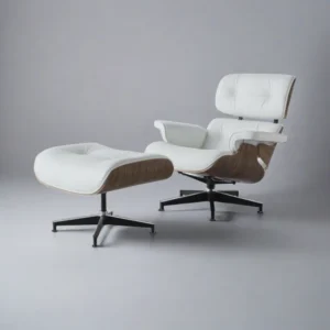 White leather lounge chair with walnut shell and matching ottoman from the lounge chairs collection